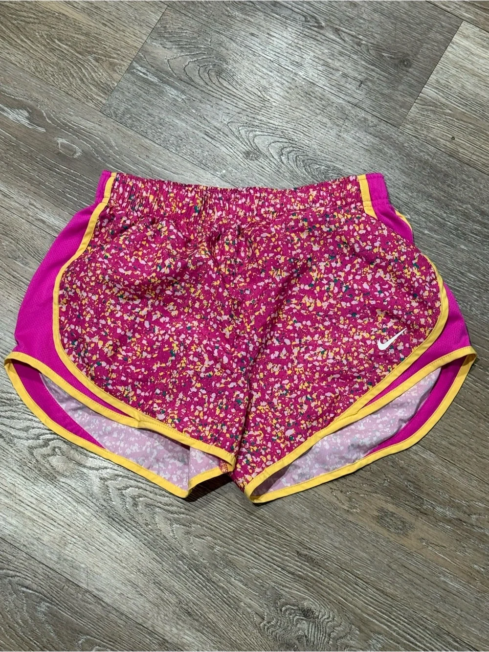 Nike Women’s Fuchsia Floral Athletic Shorts with Yellow Trim